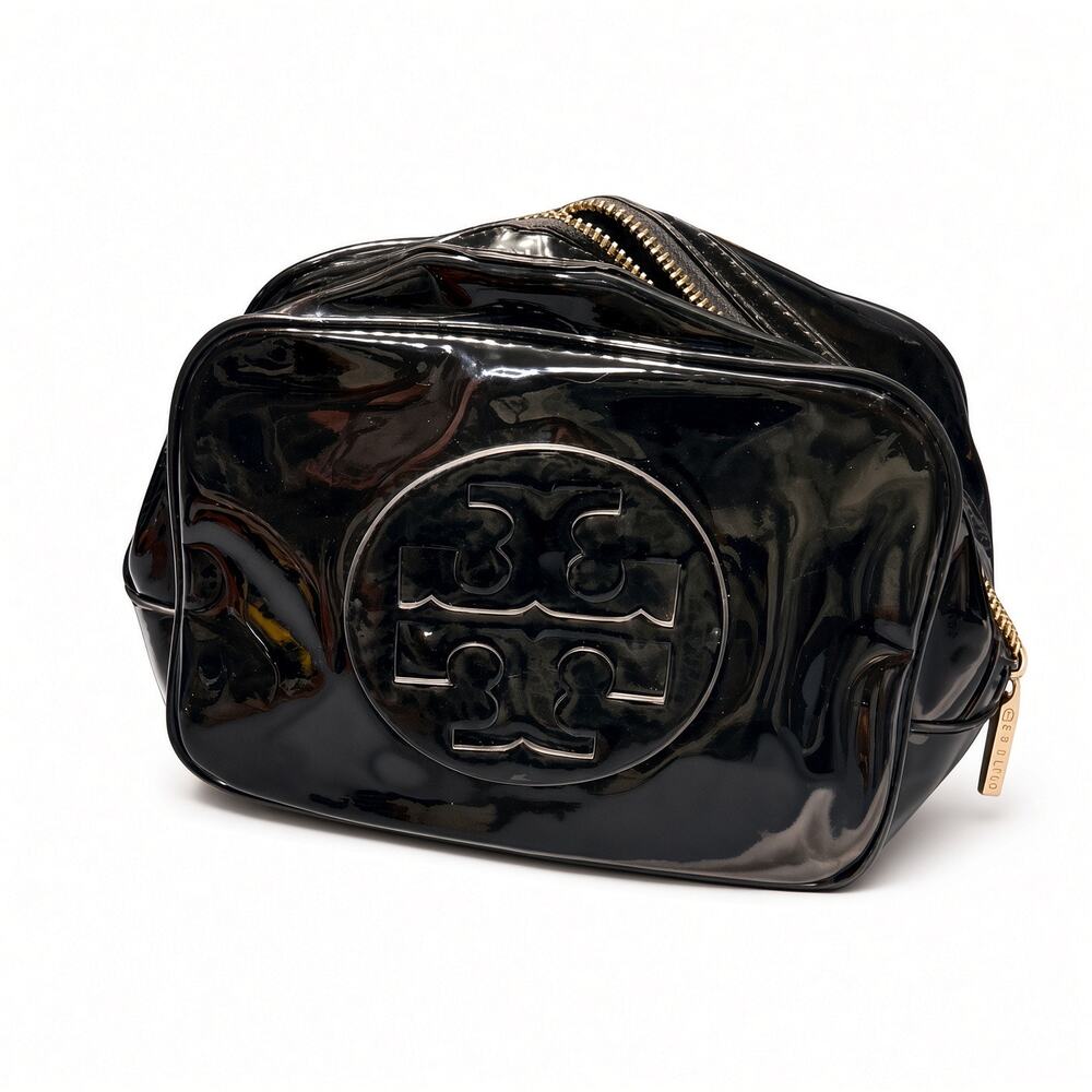 Tory Burch Black Patent Leather Logo Cosmetic Case Makeup Bag Pouch EUC